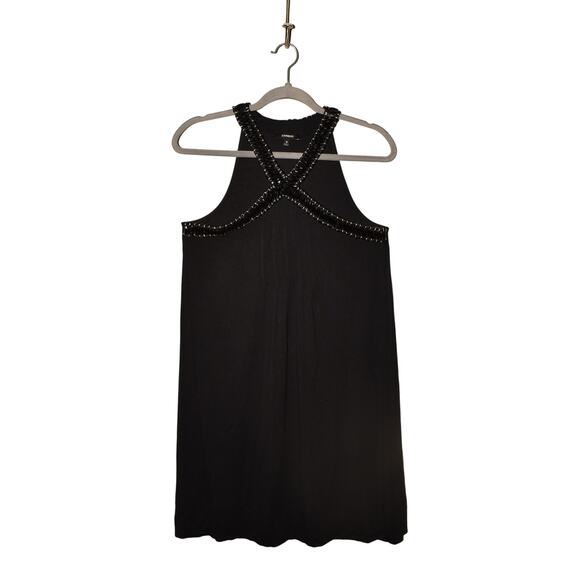 EXPRESS $78 Black Embellished Halter Neck Mini Dress Jersey Knit Stretch Medium - Picture 1 of 4